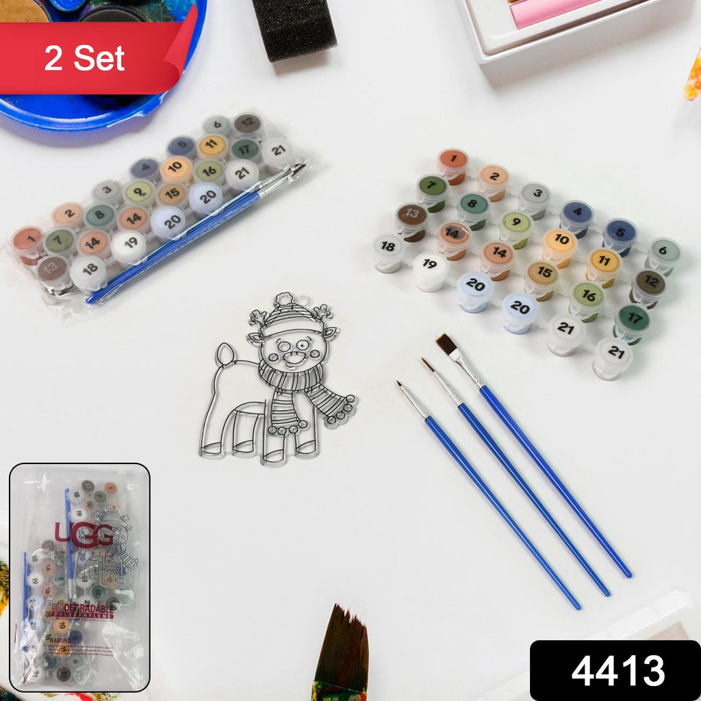 Close-up of the 21 numbered acrylic paint colors and fine brushes included in the art kit.