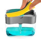 Close-up of the pump mechanism of the 2-in-1 soap dispenser with a sponge.