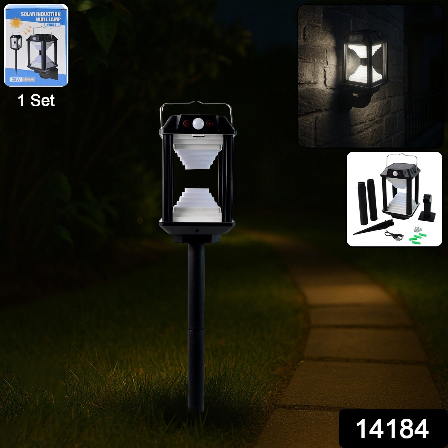 Outdoor solar powered LED lamp illuminating garden pathway at night