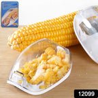Close-up of the sharp stainless steel blade of the corn kernel stripper.