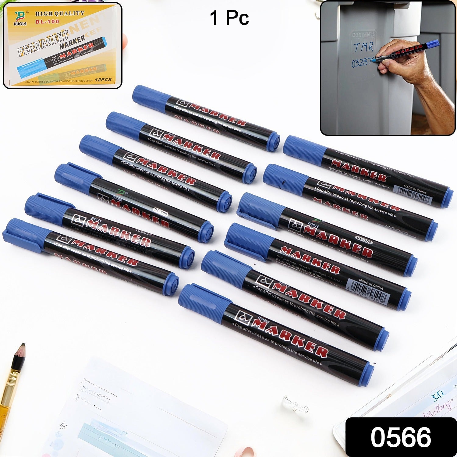 Close-up of blue ink jumbo tip whiteboard marker highlighting intense colour.
