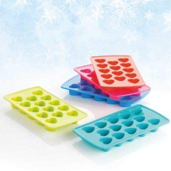 Multiple heart ice cube trays stacked in a freezer for space-saving storage.