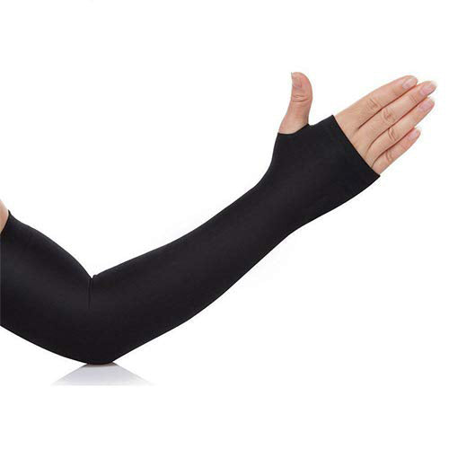 Two pairs of arm sleeves, black and grey, displayed for versatile outdoor activities.