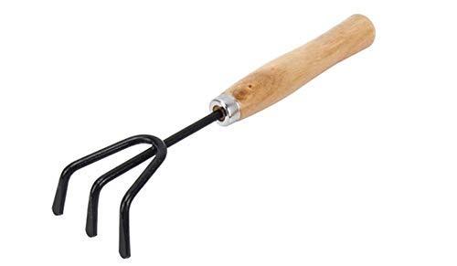 Close-up of a hand cultivator, small trowel, and garden fork, showcasing their sturdy construction.