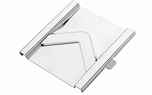 Compact stainless steel vegetable chopper with a secure handle.