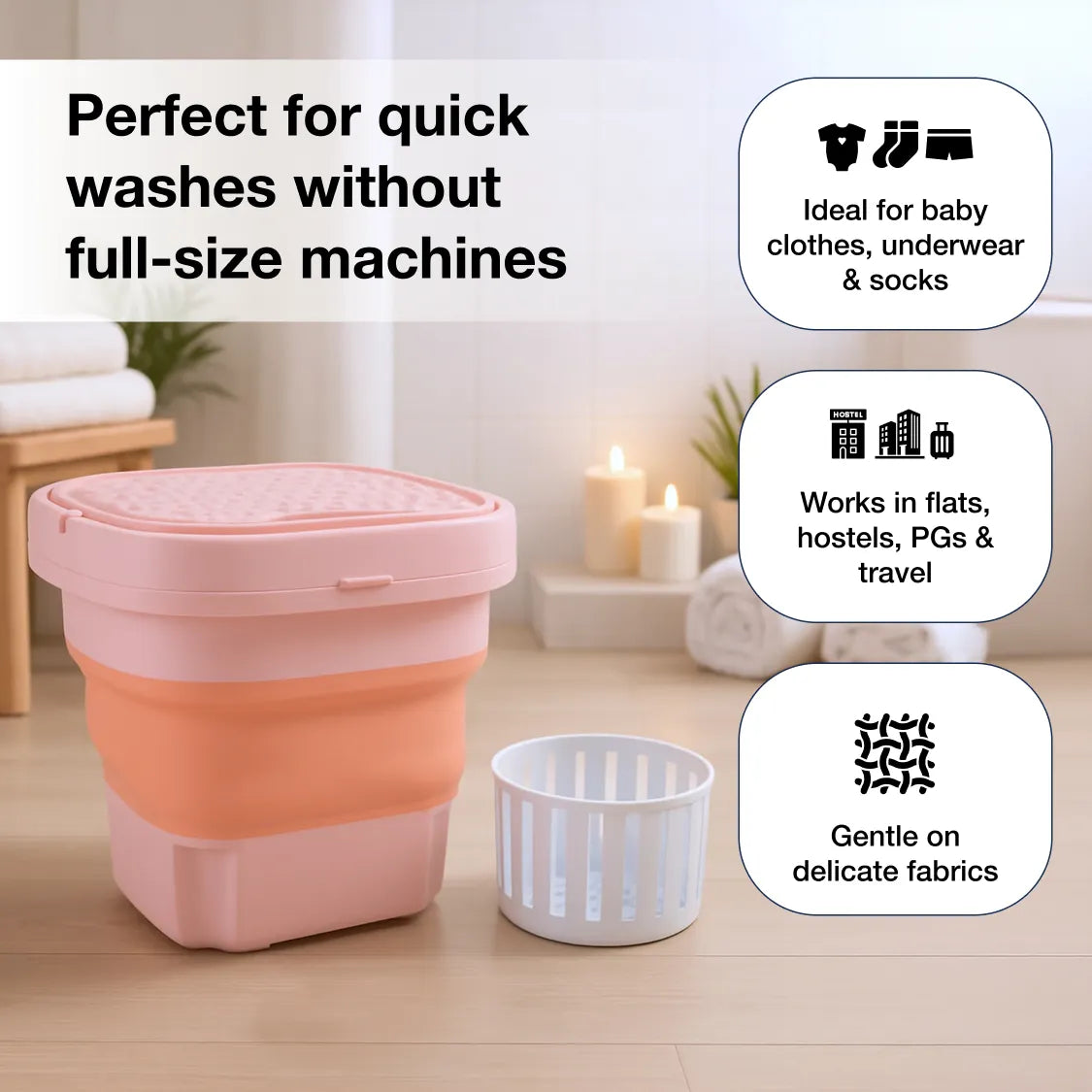 Portable washing machine in its compact, unfolded state, ready for use.