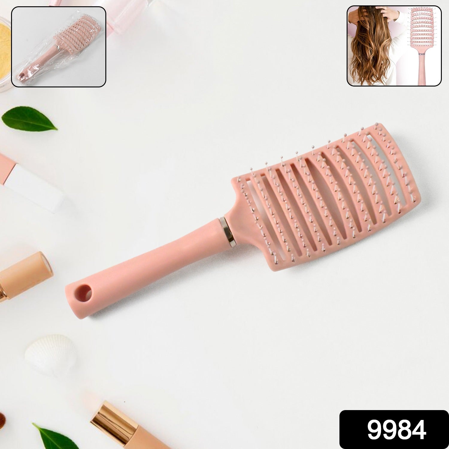 Side view of massage hair comb with ergonomic handle and ball-ended bristles