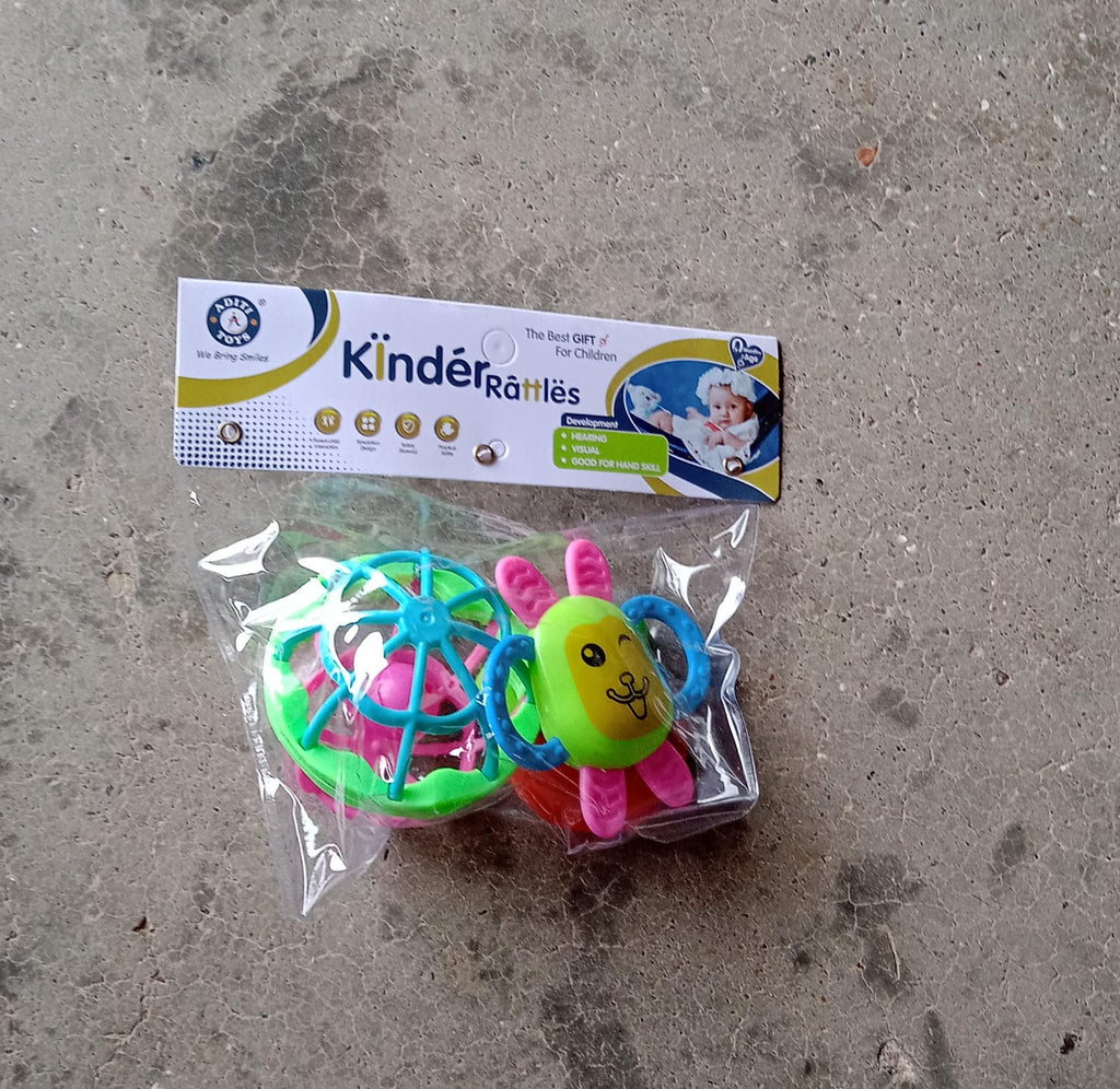 Collection of three colorful baby rattles designed for engaging play and sensory development.