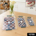 Close up of 3-piece nesting serving trays showcasing decorative bases and raised edges