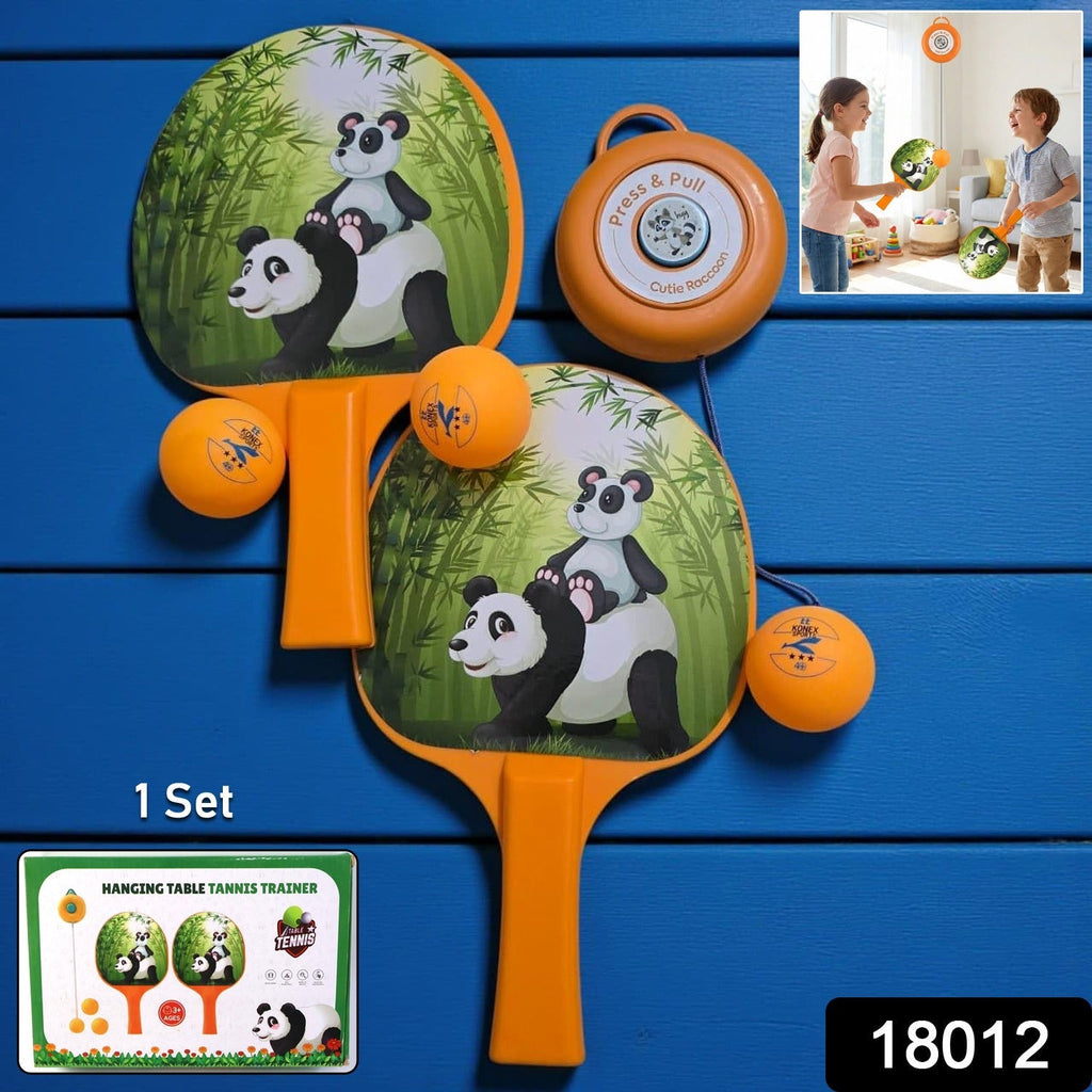 Kids indoor ping pong trainer set featuring two panda design paddles and three balls
