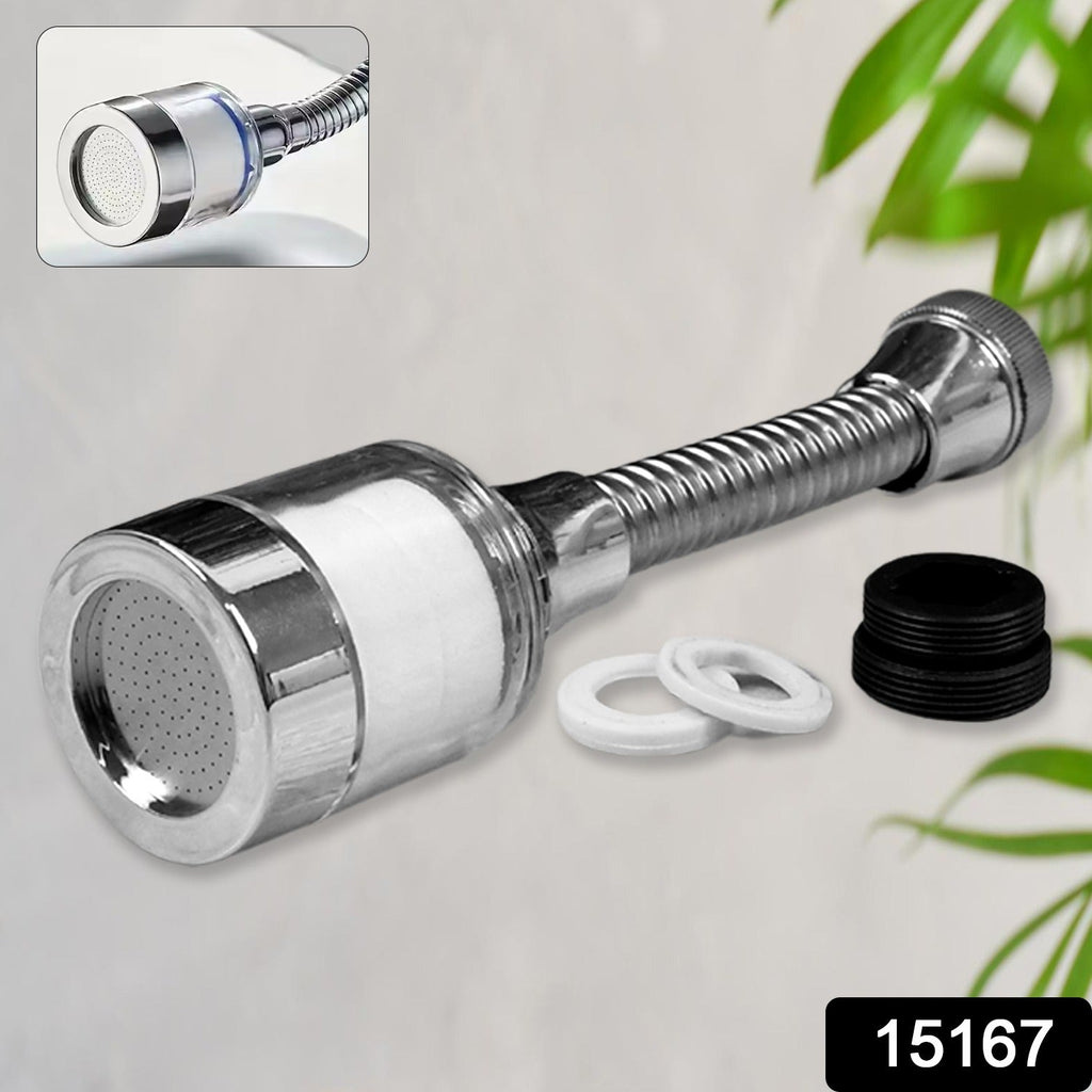 Close-up of the flexible faucet aerator attachment on a standard sink faucet.