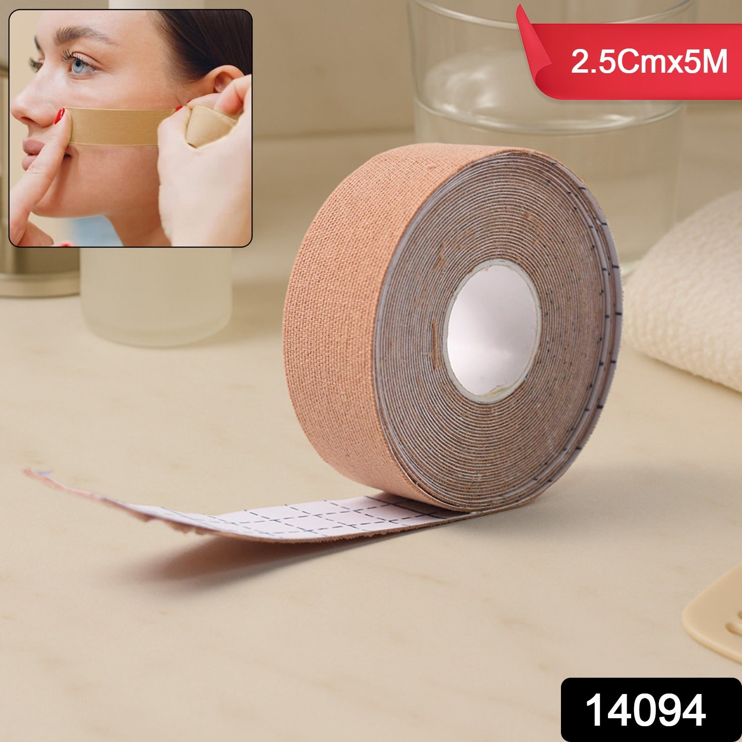 Model showing face lifting tape applied for instant wrinkle reduction and facial firming