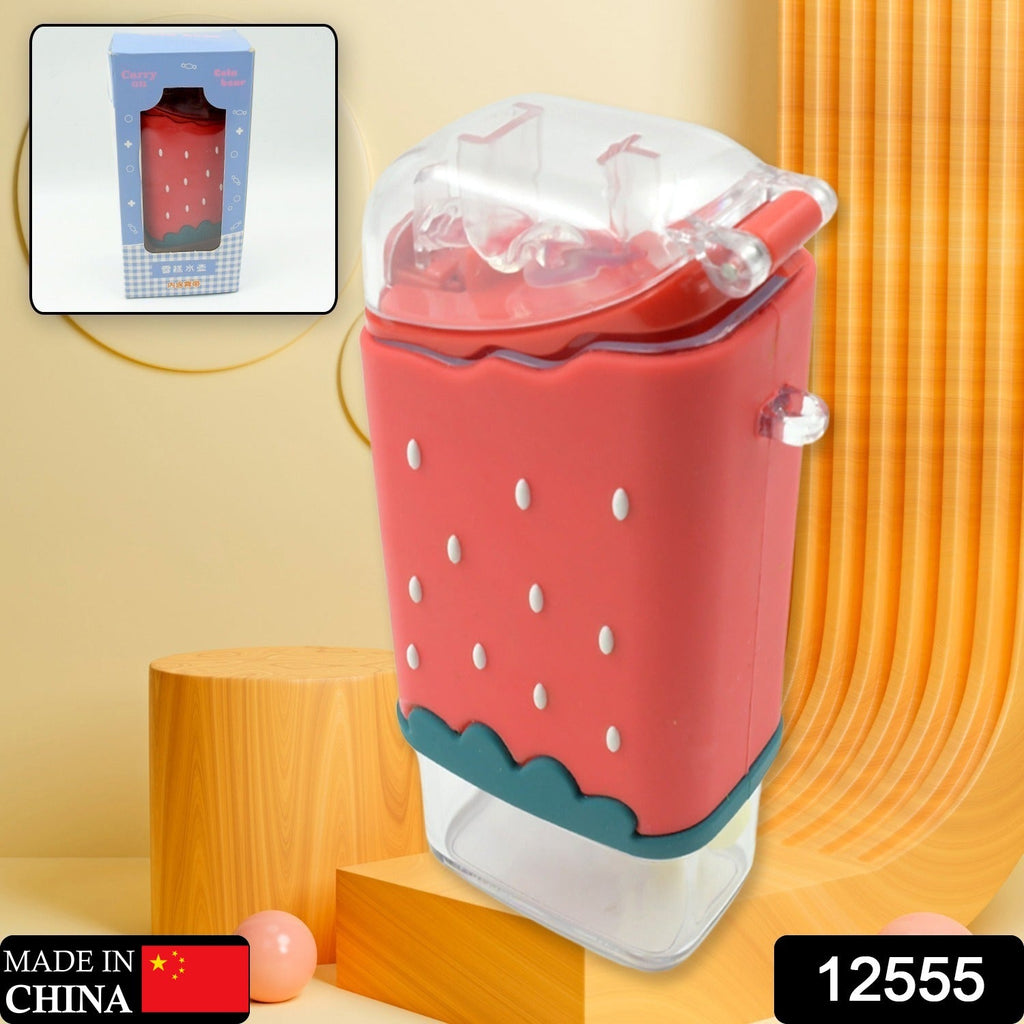 Side view of the ice cream water bottle for kids with a built-in straw.