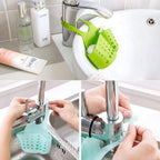 Close-up of the adjustable strap on the faucet sink caddy.