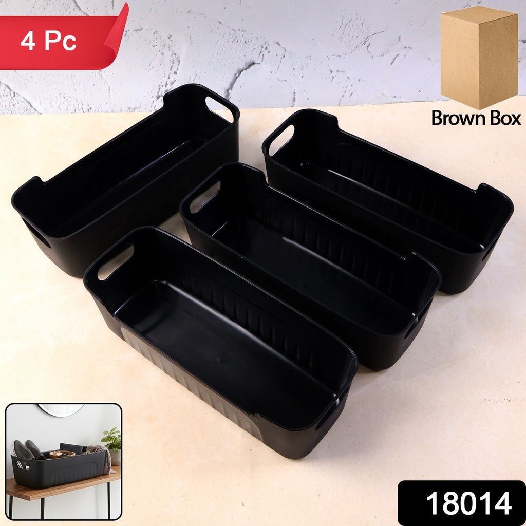 Close-up view of black plastic storage basket trays with handles