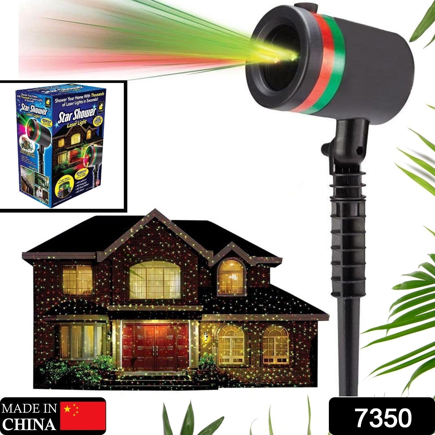 Multicolor outdoor laser projector displaying star motion patterns on a house.