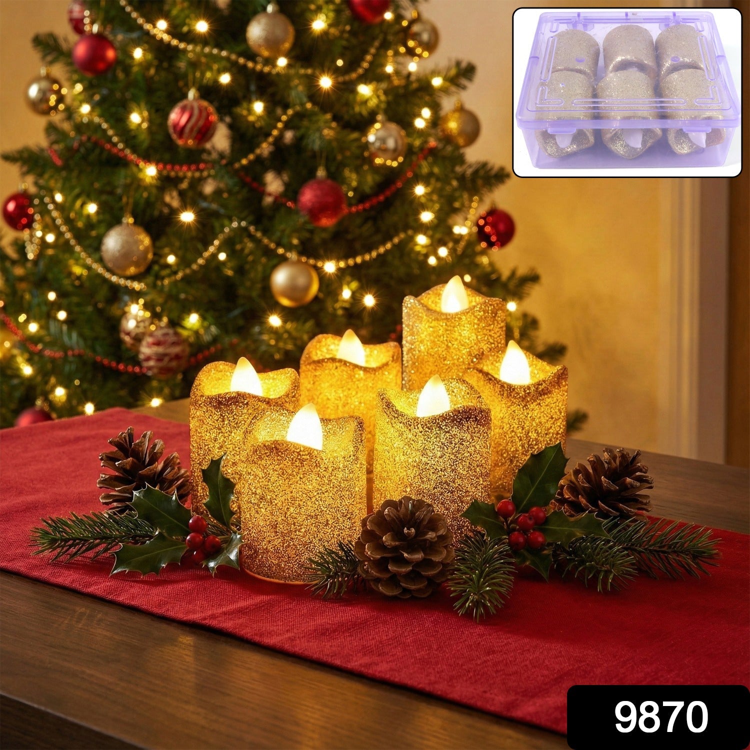 Set of glitter LED tealight candles glowing warmly for Christmas decoration