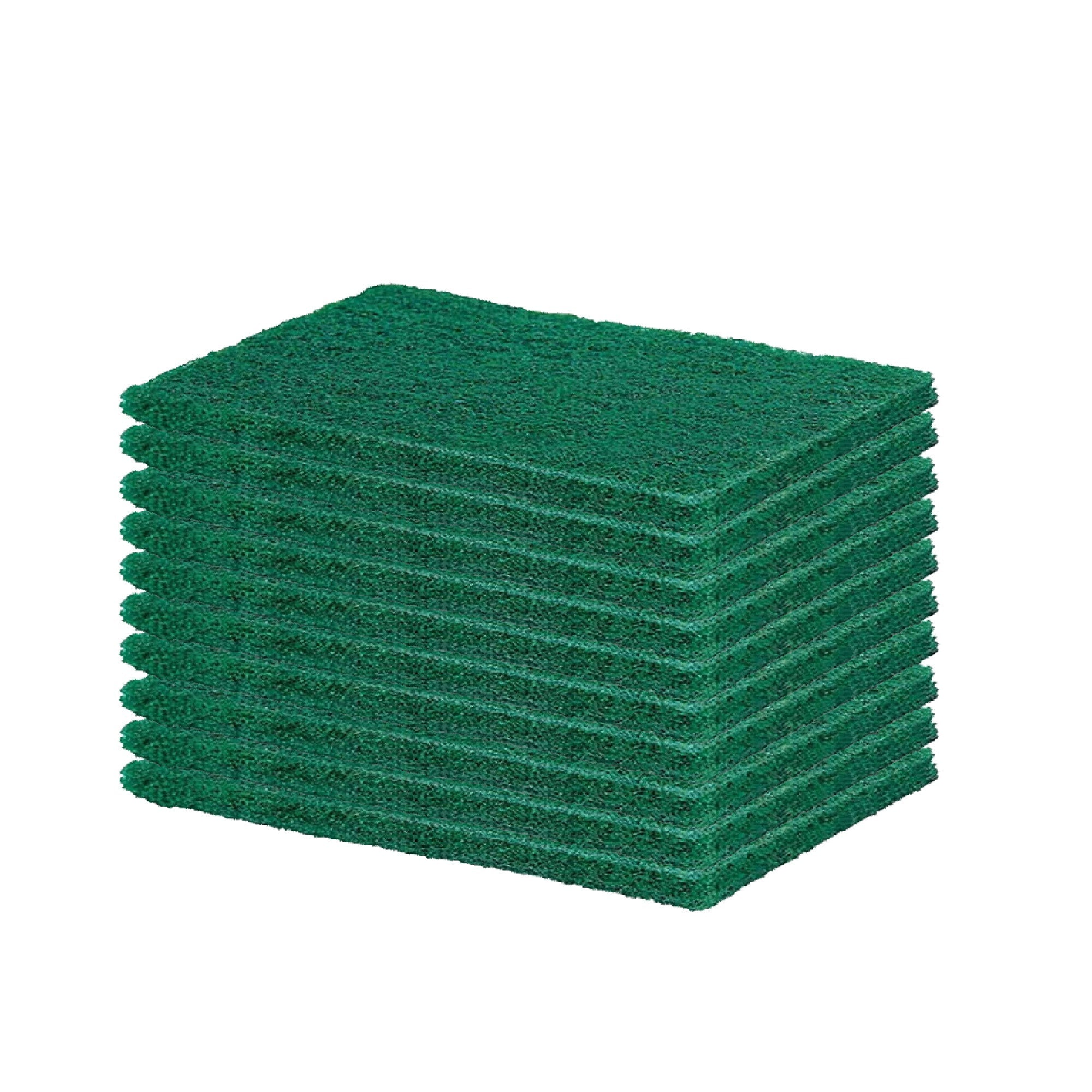 A hand holding a green scrubber pad, demonstrating its flexible and ergonomic design.