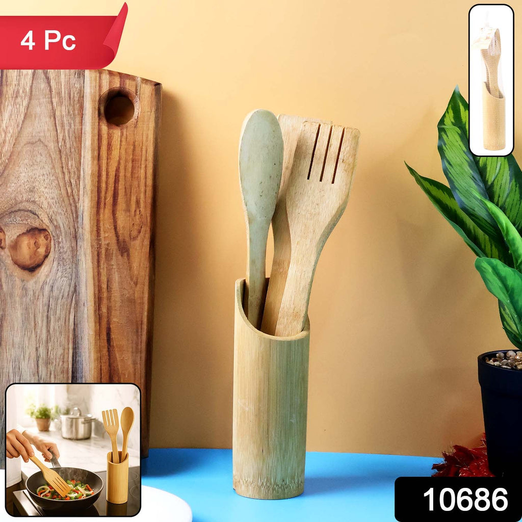 Natural bamboo cooking utensils including spatulas and holder used in cooking