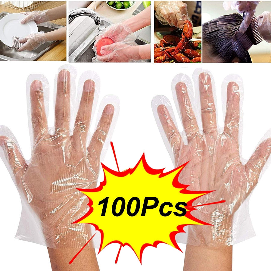 Front view of a sealed pack of 100 transparent disposable gloves from Grow Wear.