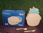 Colorful retail packaging box for the pineapple kids bento lunch box, showcasing its features.