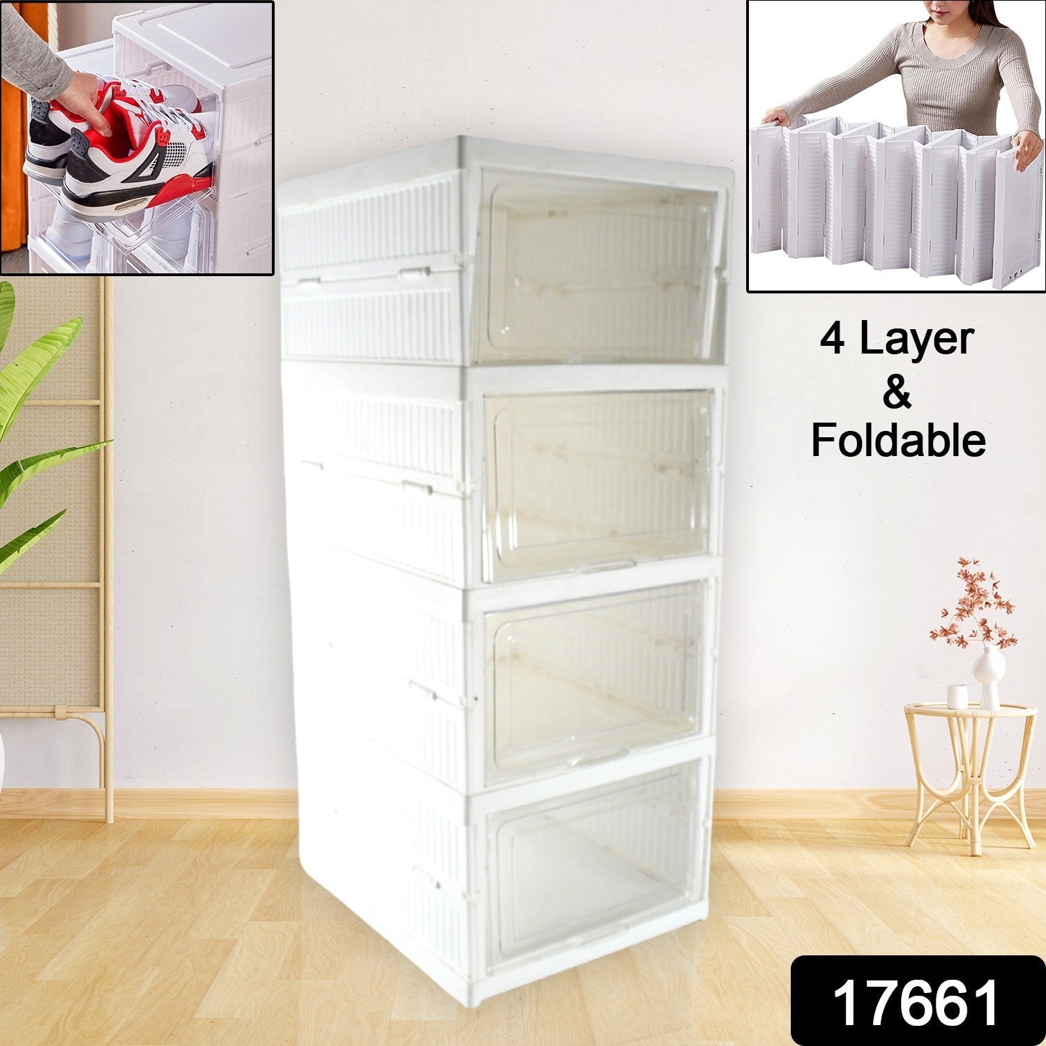 White stackable storage rack with four tiers, used for organizing toiletries in a bathroom.