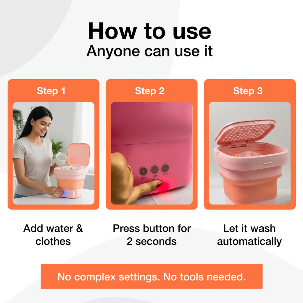 Angled view of the portable washing machine, showcasing its ergonomic design and sturdy build.