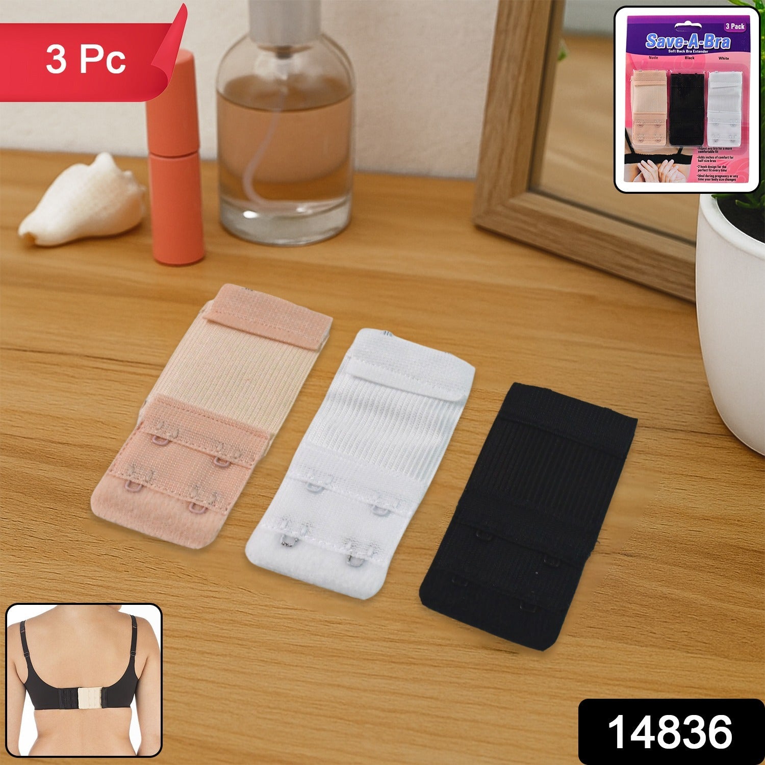 Three-piece 2-hook bra extenders displayed together
