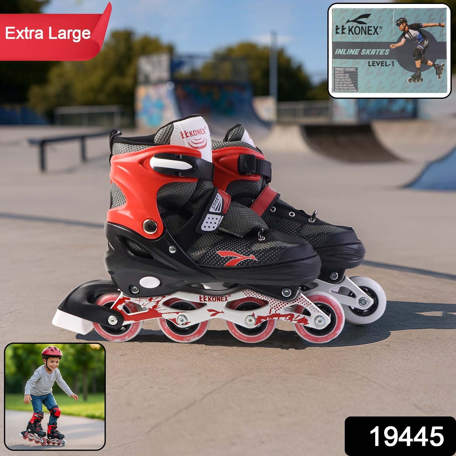 Sole and PU wheels view of XL size adjustable inline skating shoes