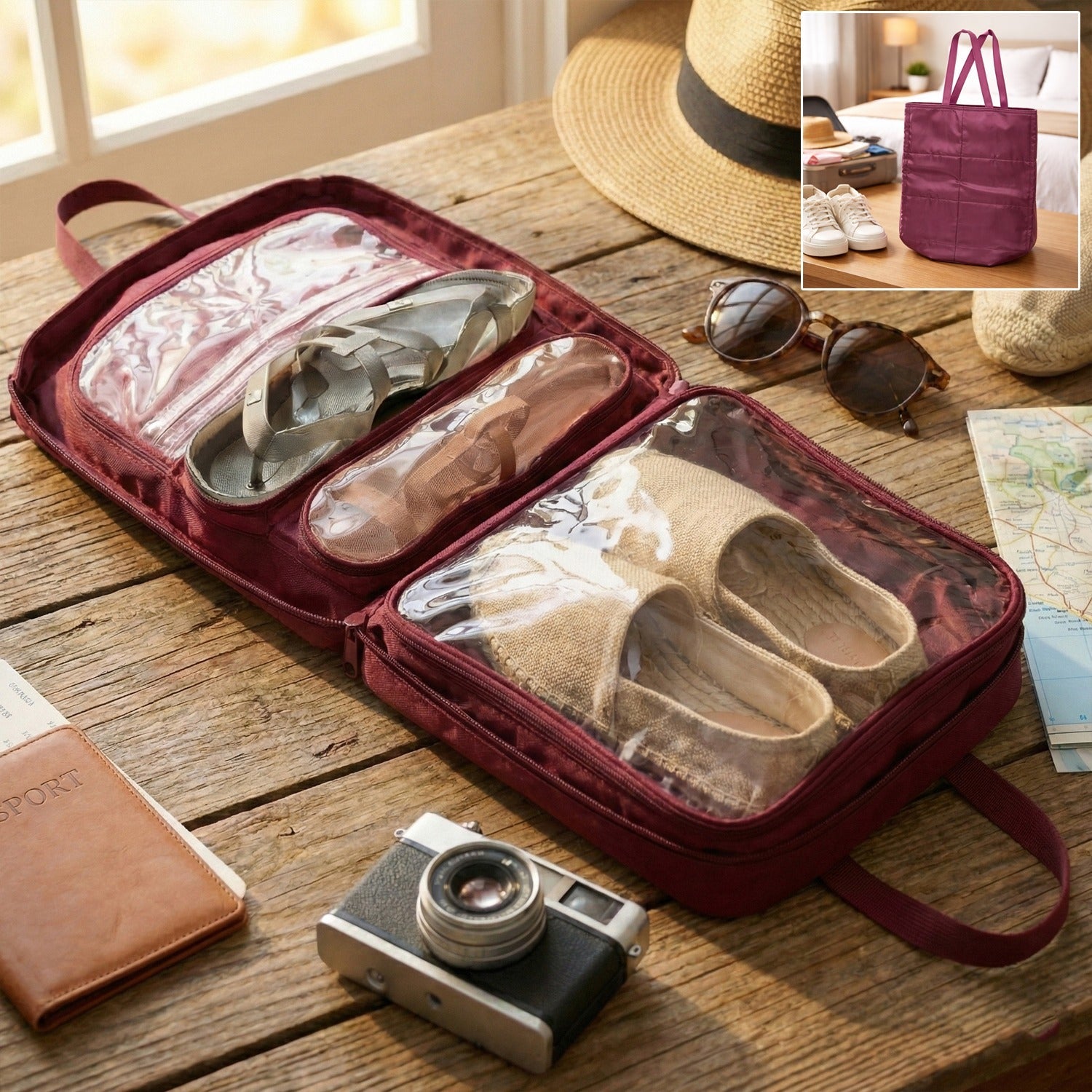 Spacious travel shoe storage bag with soft cushioned design and strong handles