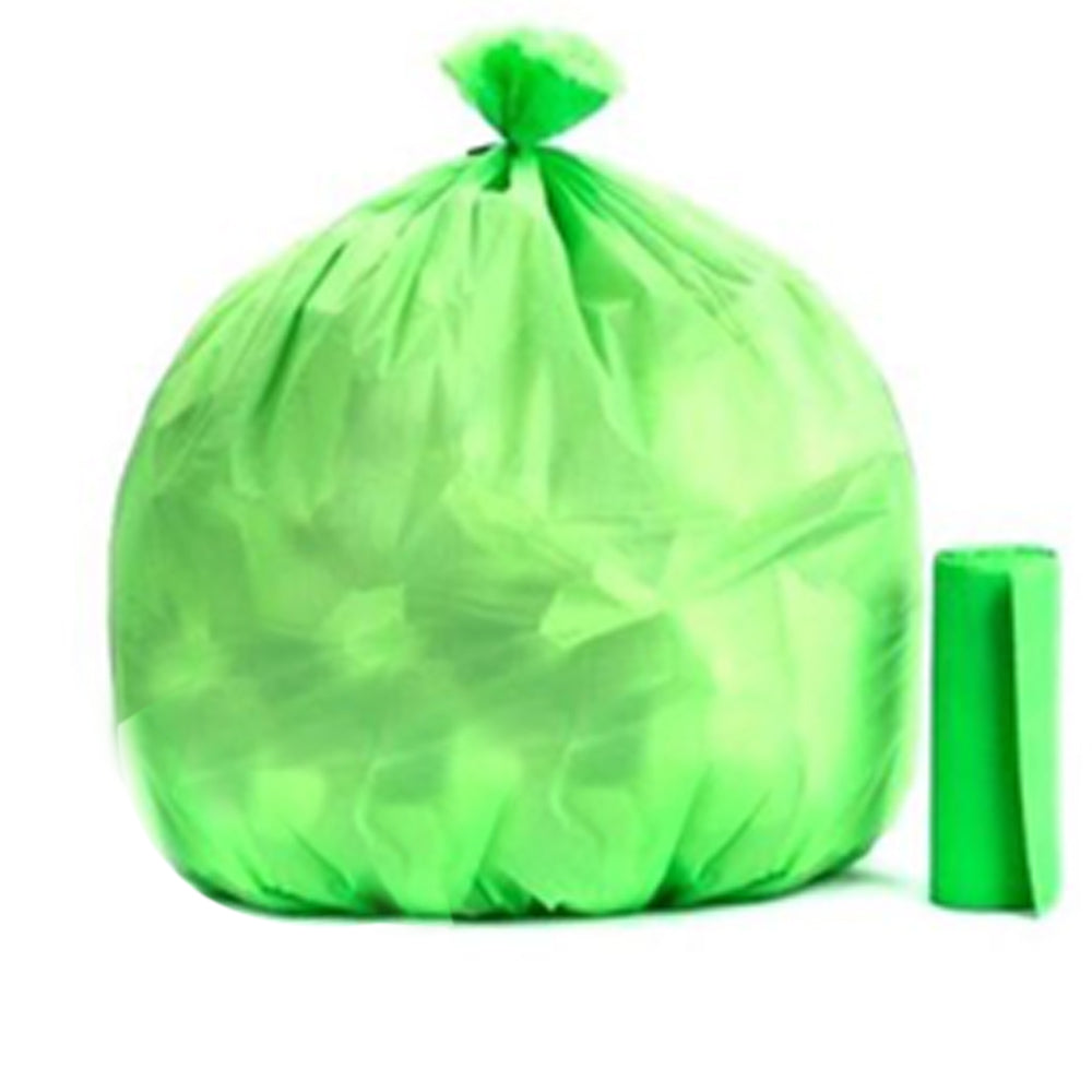 Stack of environmentally safe compostable corn starch waste bags (17x19).