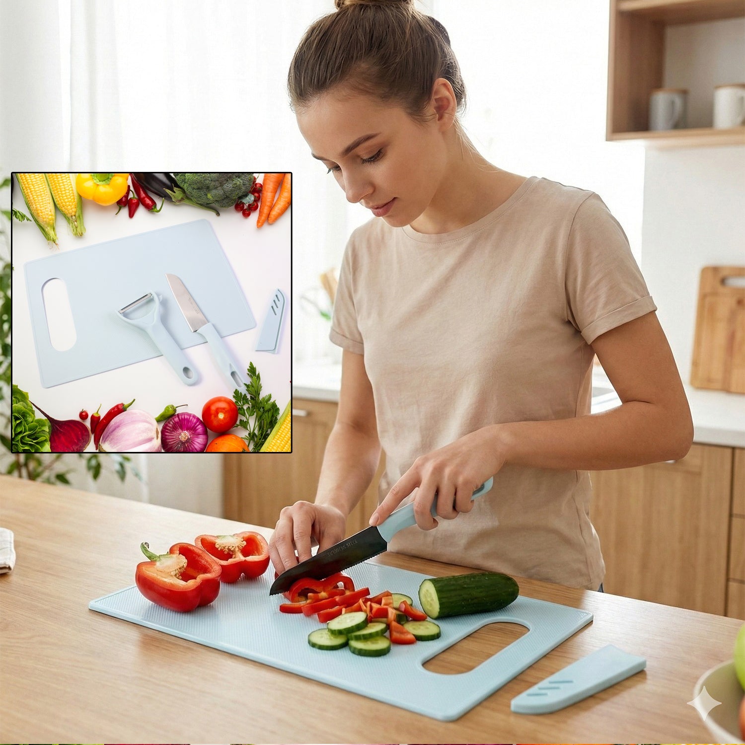 3 in 1 Kitchen Knife set with chopping board and vegetable peeler for food preparation