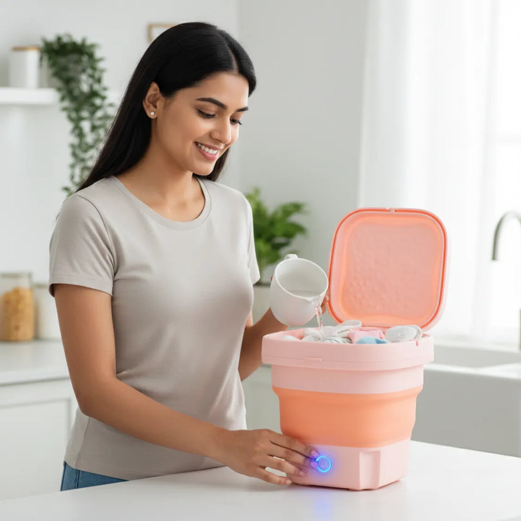 Mini foldable washing machine in use, cleaning delicate baby clothes in a bathroom setting.
