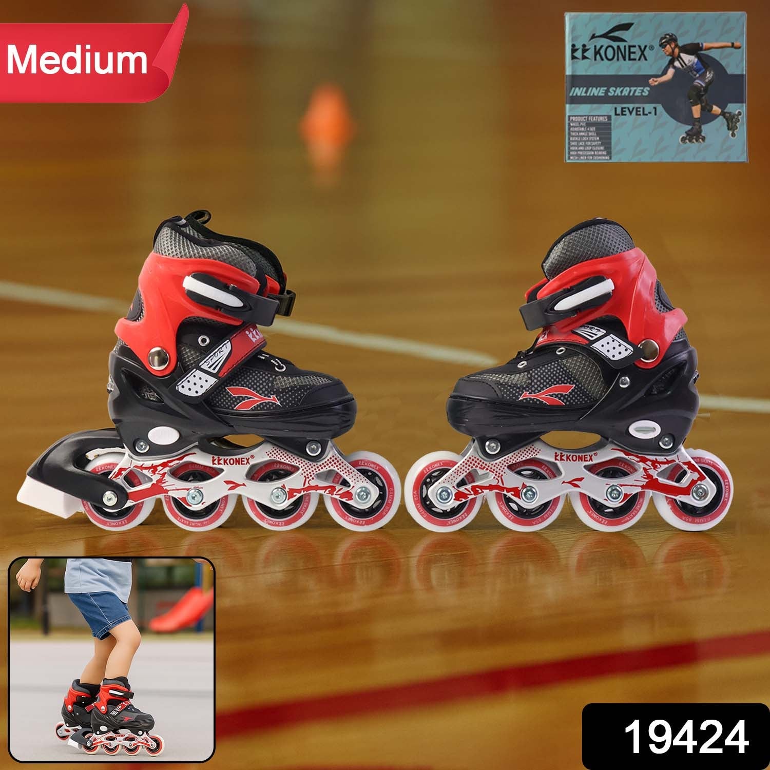 Close-up of adjustable inline skating shoes featuring safety buckle, Velcro strap, and lace closures with aluminum frame