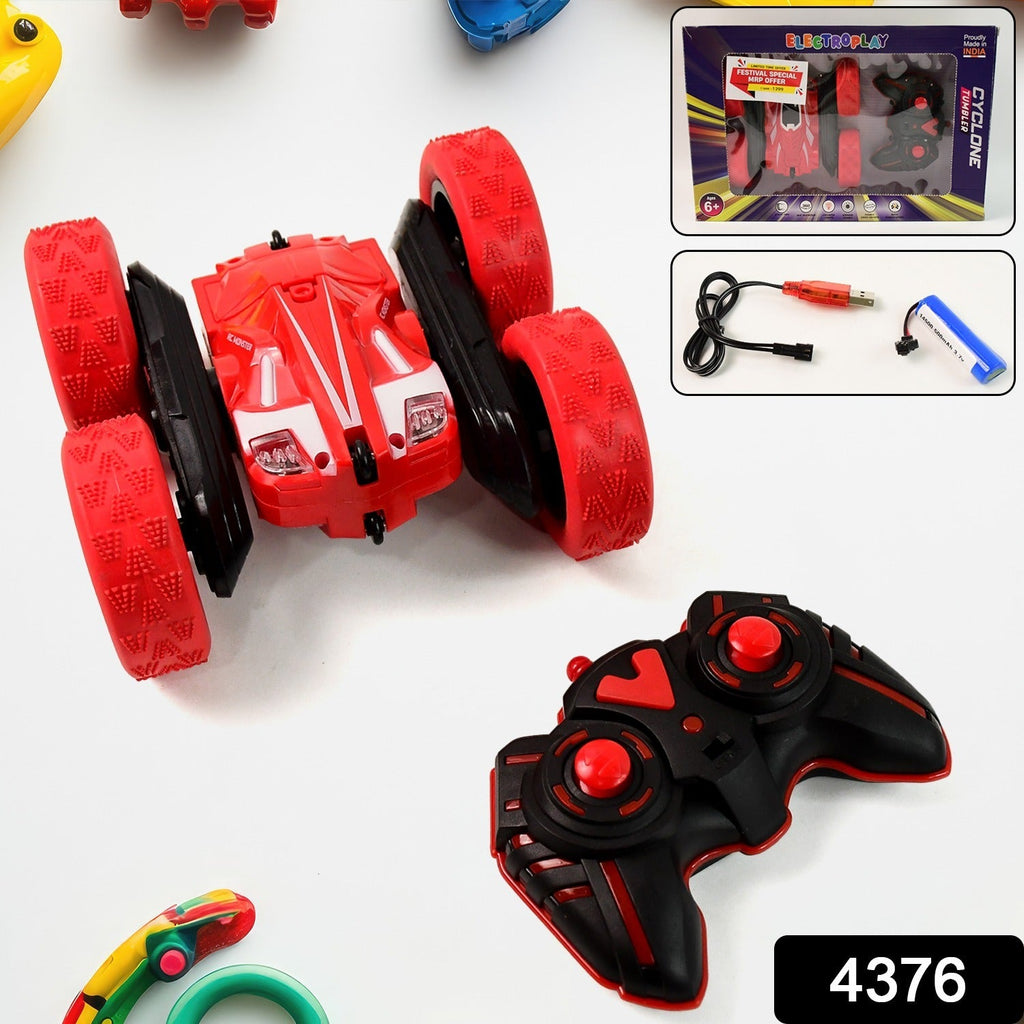 Side view of remote control stunt car showing flexible wheels and rugged tires
