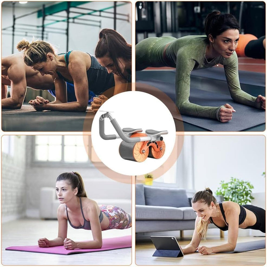 The fitness ab roller with its detachable handles and knee mat holder.