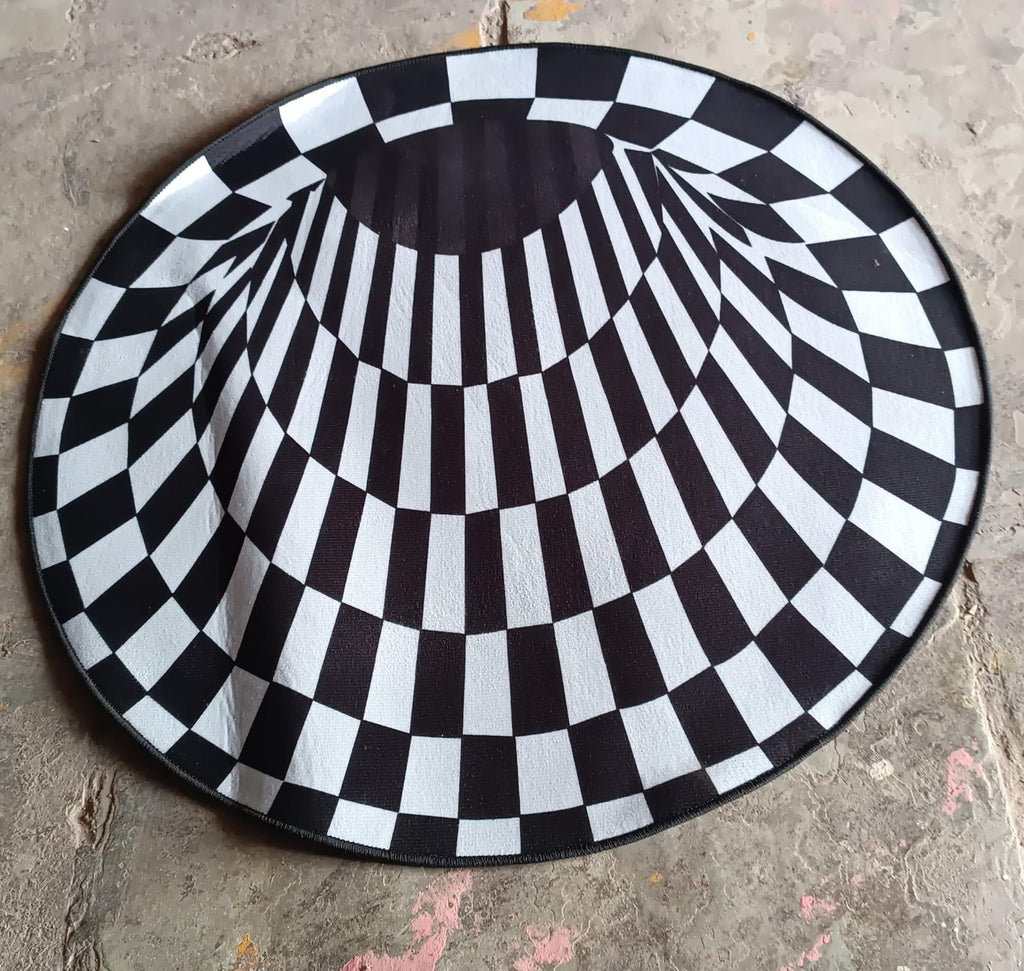 Full view of 3D space round carpet showcasing checkered pattern