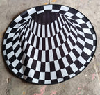 Full view of 3D space round carpet showcasing checkered pattern