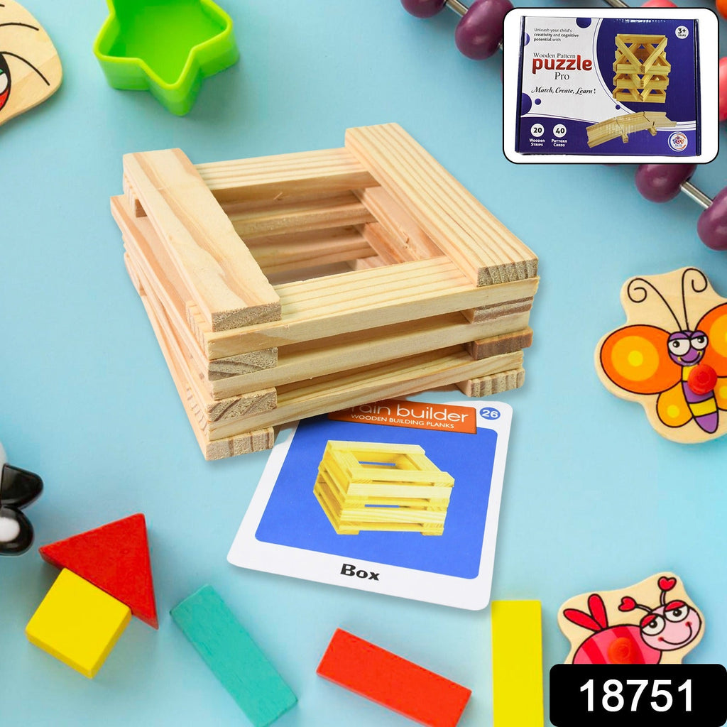 Full set of Wooden Pattern Puzzle pieces and pattern cards laid out on a table.