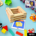 Full set of Wooden Pattern Puzzle pieces and pattern cards laid out on a table.