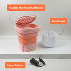 Comparison shot showing the folded and unfolded states of the portable washing machine.