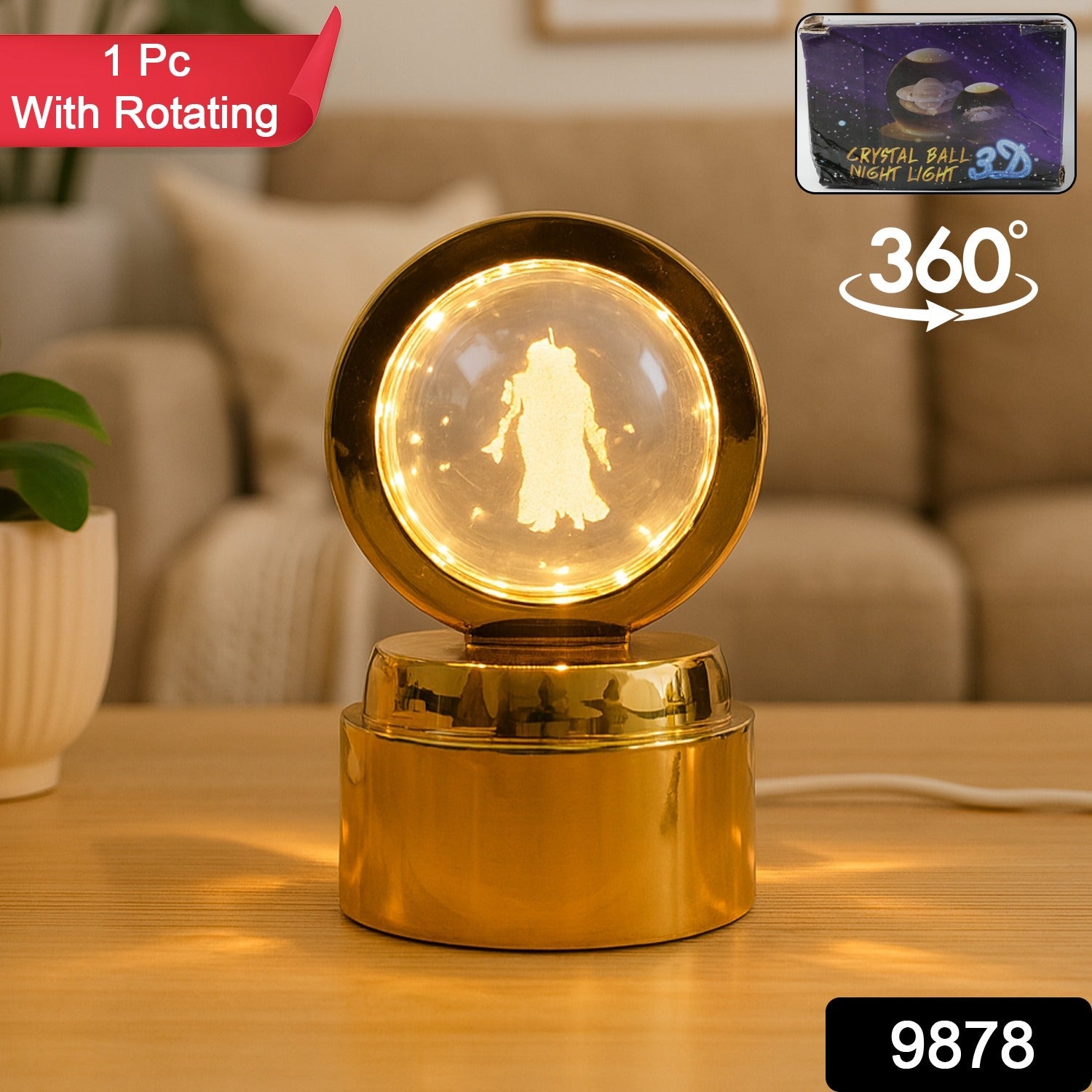 Clear crystal sphere lamp featuring Radhe Krishna figure and warm LED lights for spiritual décor