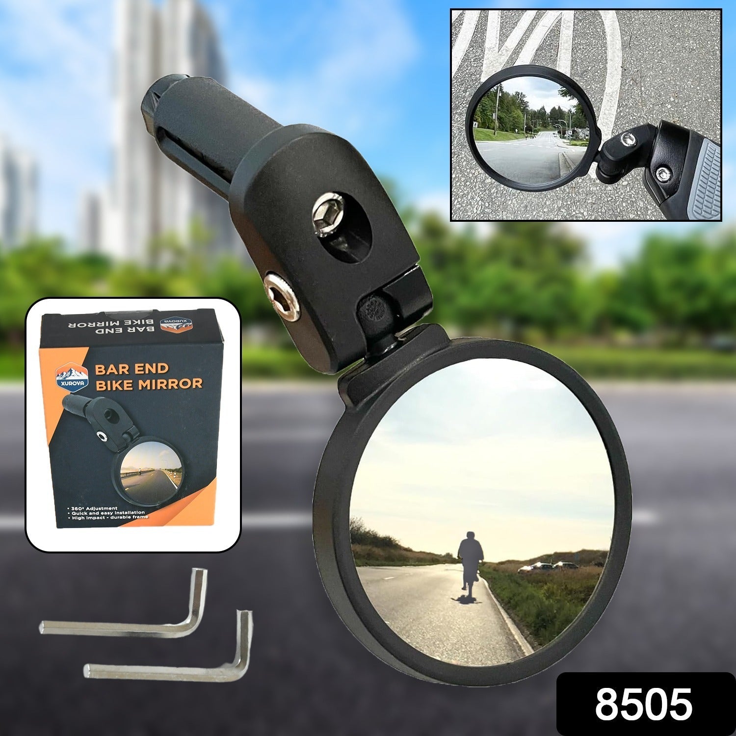 Close-up of the convex surface of the RaceVault Bar End Bike Mirror, showing its wide-angle reflection.