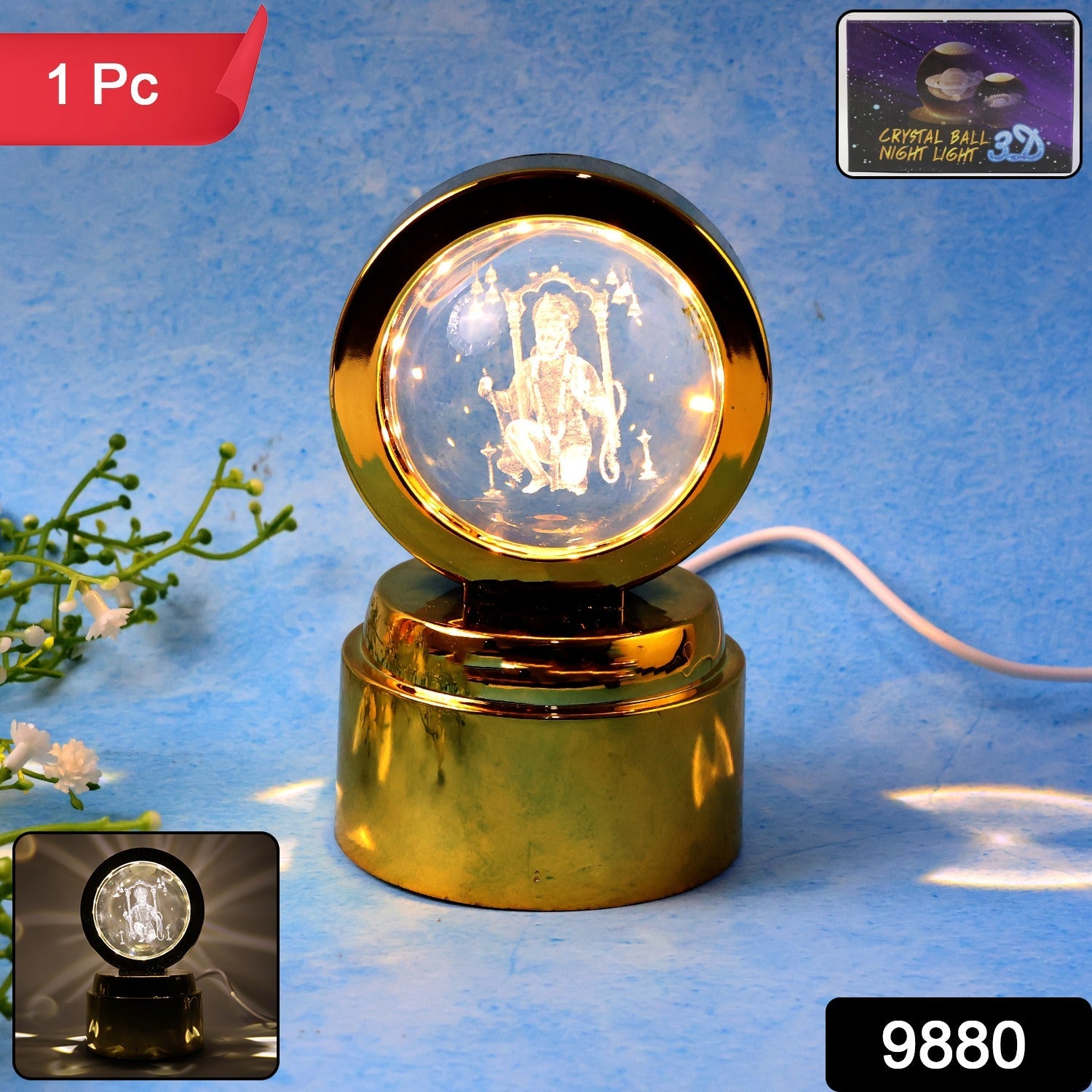 Decorative crystal sphere lamp with Bajrang Bali engraved design