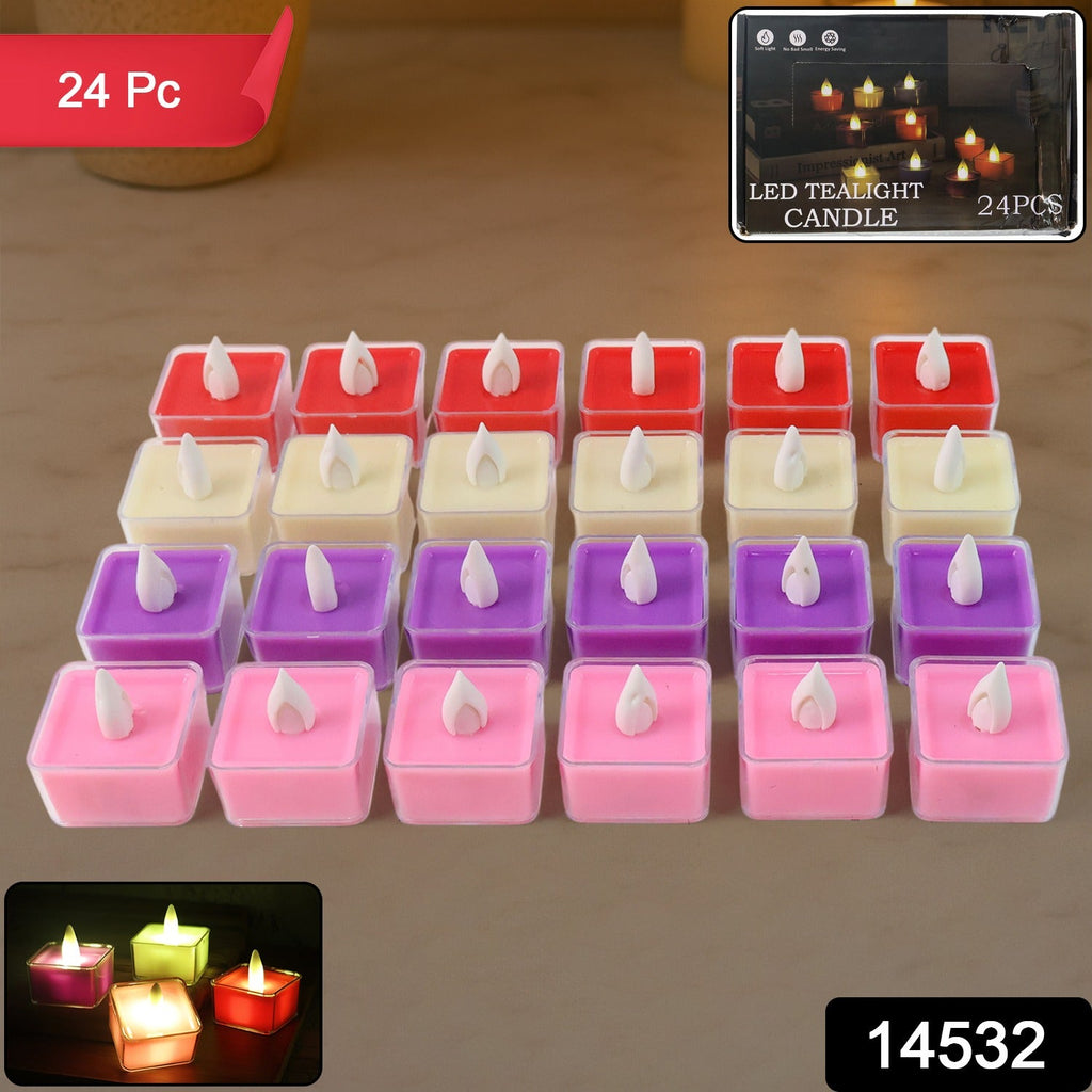 Multiple multi-colored LED tealight candles arranged for decoration