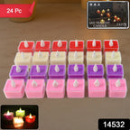 Multiple multi-colored LED tealight candles arranged for decoration