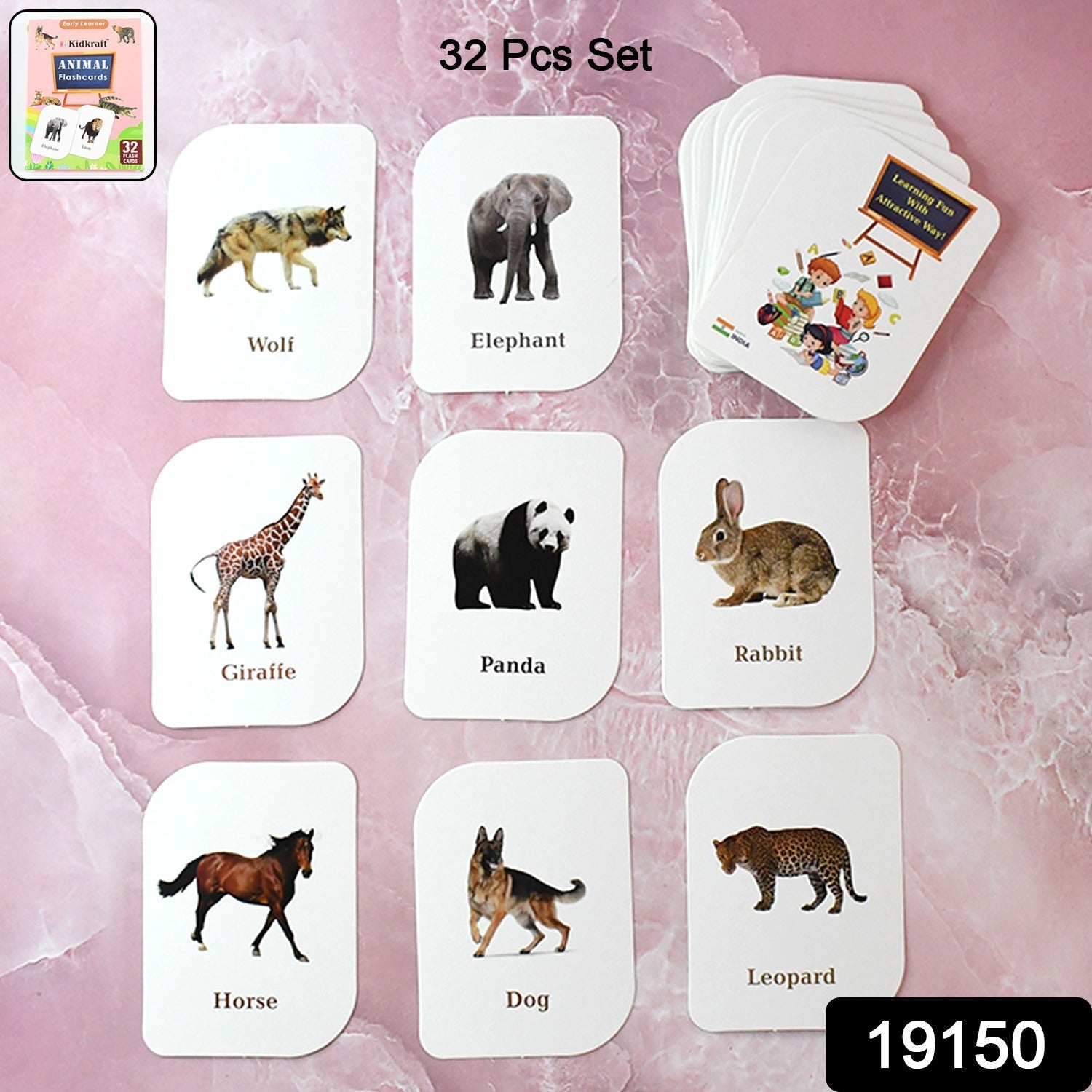 Spread of vibrant animal flash cards featuring realistic pictures for learning