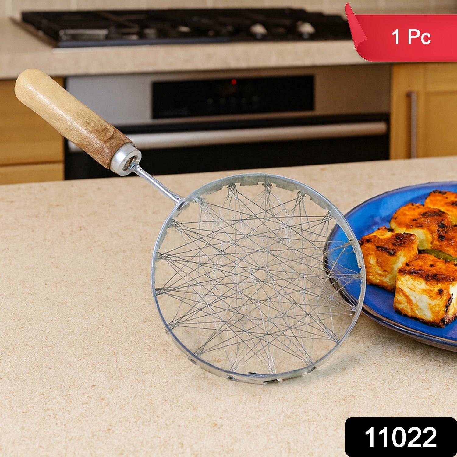 Wire skimmer kitchen tool with fine stainless steel mesh
