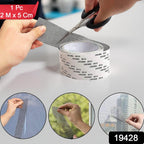 Self-adhesive mosquito net repair tape applied on window screen for insect protection
