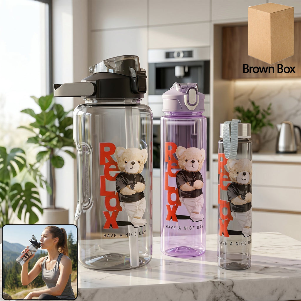 A vibrant Kids Water Bottle Set with cartoon designs, showing all three BPA-free bottles.